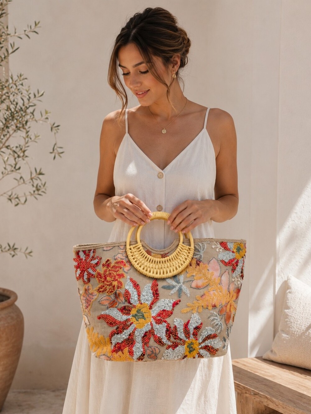 Beige Floral Embroidered Tote with Yellow Rattan Handles